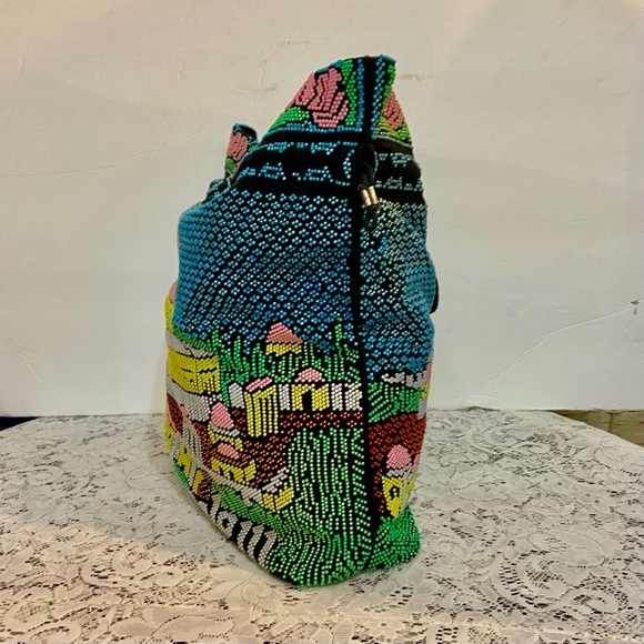 Vintage, Jerusalem, Colorful Beaded Tote Handbag 14in L x 12in H x 3.5in W - Picture 6 of 12
